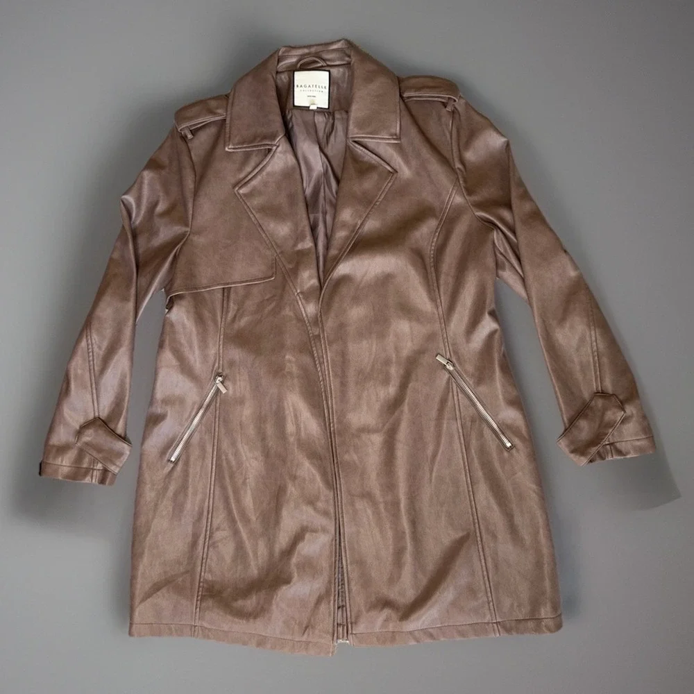 NWOT Bagatelle Brown‎ Faux Leather Long Moto Jacket Zip Pockets Women's Size XL